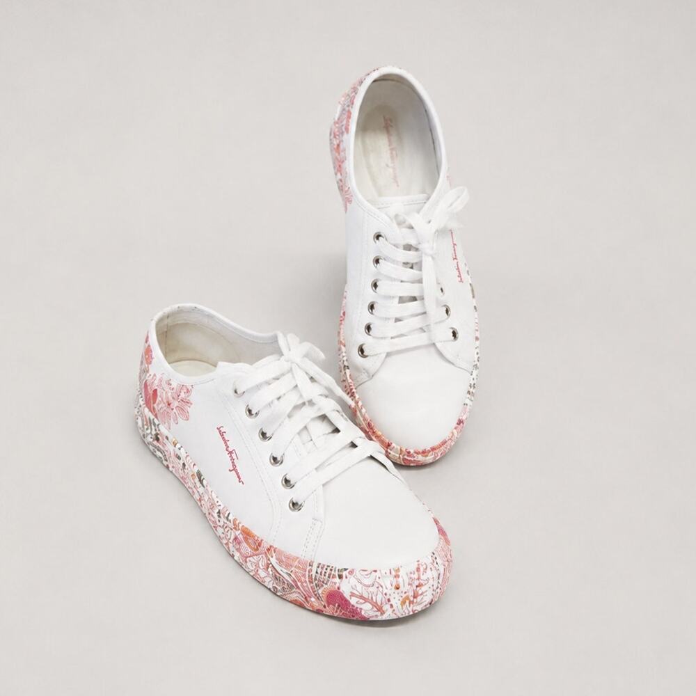 Salvatore Ferragamo Floral-trim Low-top Sneakers Womens 9.5C White/Pink
